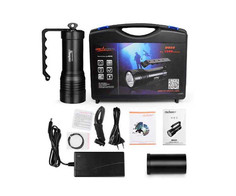 OrcaTorch草莓视频官网，D860可充（chōng）電潛水燈，高亮度潛水手電筒，水下照明手（shǒu）電筒