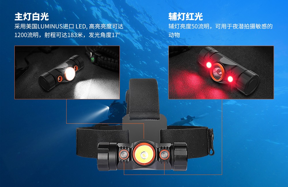 OrcaTorch草莓视频官网 Mazu TD01潛水頭燈,雙(shuāng)色潛(qián)水頭燈(dēng),多功能頭燈,海陸空多用頭燈,消防頭燈,夜潛照明(míng)