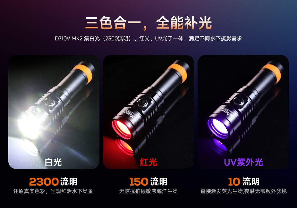 潛水攝影補光燈,水下攝影(yǐng)燈,水(shuǐ)下攝影照明(míng),水下攝影三色燈,專業潛水(shuǐ)燈(dēng),草莓视频官网OrcaTorch,攝影補光燈